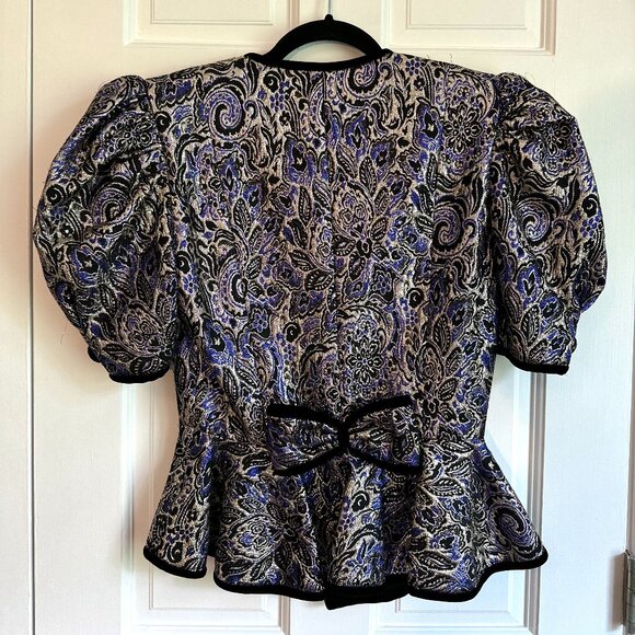 1980s Metallic Brocade Floral A.J. Bari-Style Puff Sleeve Peplum Blouse - 4 - Picture 2 of 6